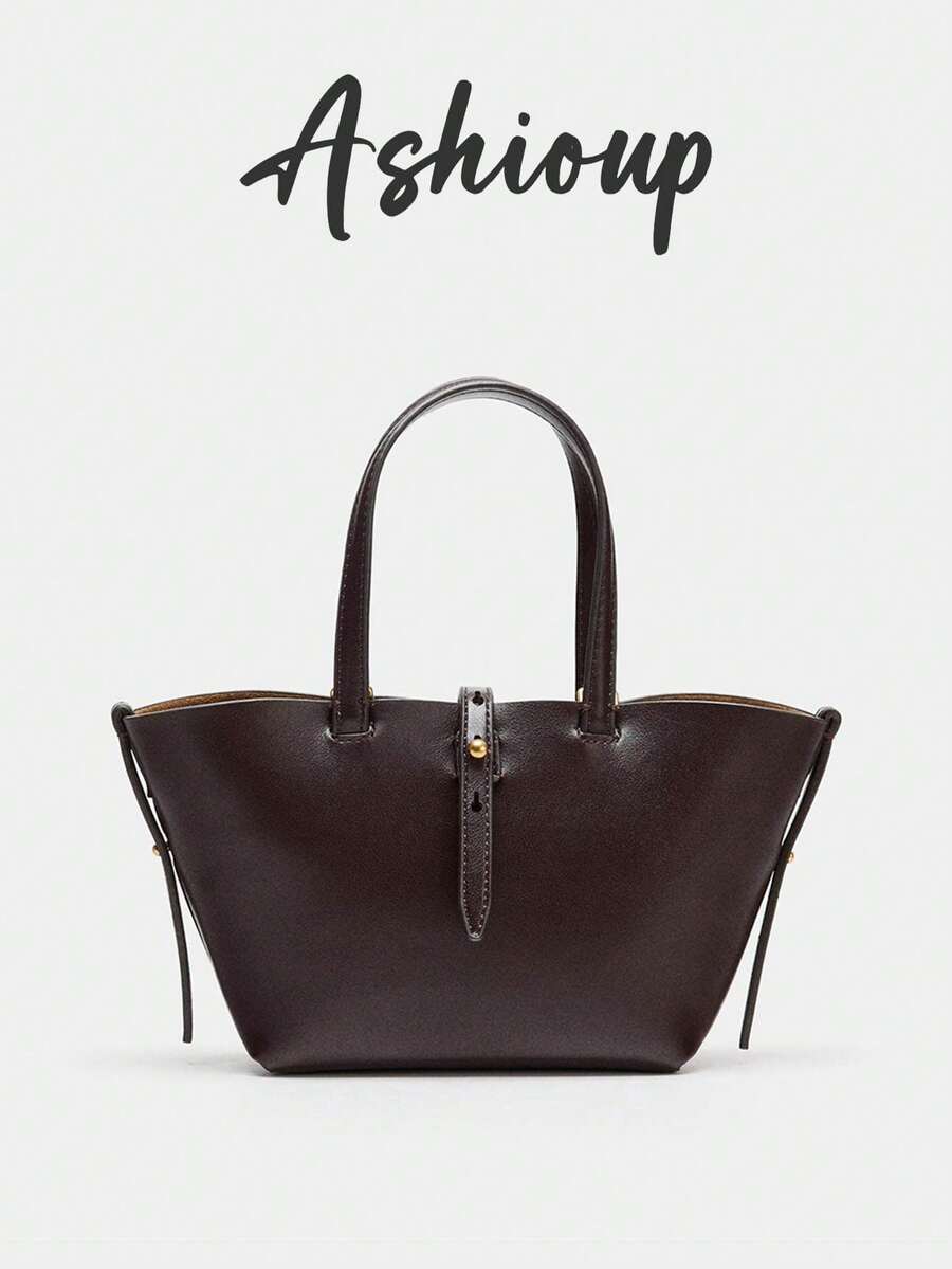 Compact Leather Shoulder Bag, Retro Mini Basket-Shaped Handbag, Elegant Adjustable Strap Tote Crossbody Bag - Burgundy - View 1