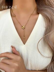 1pc Stainless Steel Gold-Tone Rhinestone Letter C Pig Nose Pendant Y-Necklace, Party Accessory - Yellow Gold - View 7