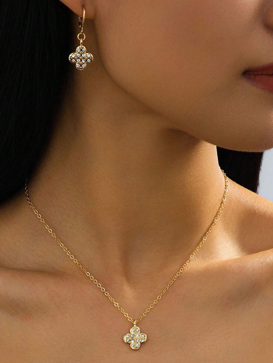 Juego de aretes y collar con flor de cuatro hojas de diamante completo, accesorios de joyería elegante y delicada, regalo de fiesta para mujeres - Dorado - Ver 1