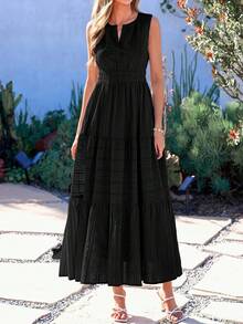 Women Summer Boho Sleeveless V Neck High Waist A-Line Flowy Long Maxi Dress Spring Holiday Hawaii Beach Vacation Party Sundress Outfits - 黑色 - 查看 1