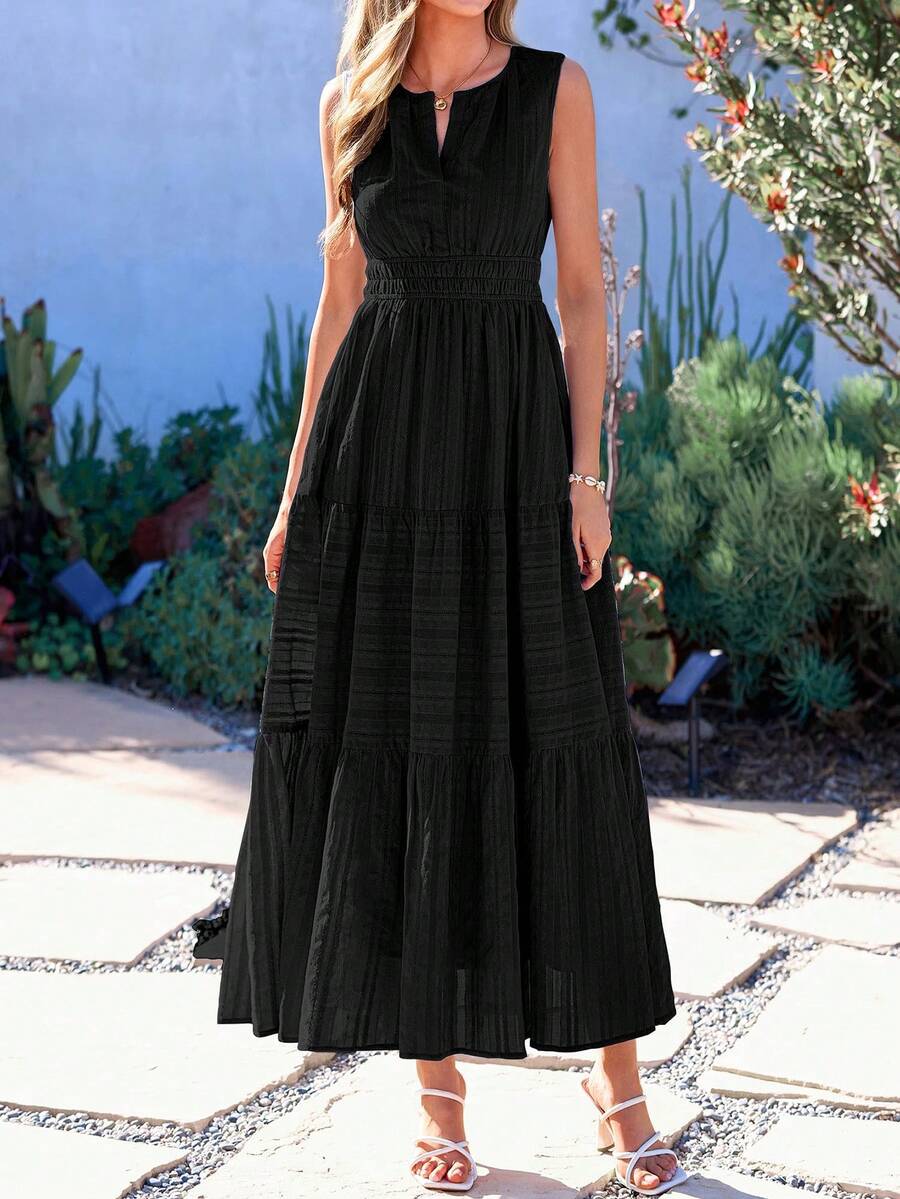 Women Summer Boho Sleeveless V Neck High Waist A-Line Flowy Long Maxi Dress Spring Holiday Hawaii Beach Vacation Party Sundress Outfits - 黑色 - 查看 1