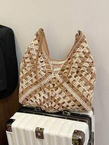 中号女士编织草肩包，大容量便携手提包，适合海滩度假，适合青少年和大学生，是上学、工作、外出、旅行、购物、度假和其他场合的理想之选。 - 棕色 - 查看 10