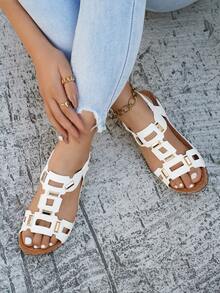 Plus Size Women's Retro Solid Color Buckle Platform Wedge Sandals - White - View 3