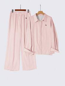 PARARAL Plus Size Women's Fashion Resort Striped Embroidered Long Sleeve Shirt & Wide Leg Pants 2-Piece Set, Casual Vacation Outfit For Women, Spring Elegant Pink - Pink - View 6
