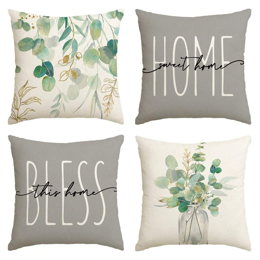 4pcs Eucalyptus Decorative Cushion Cover Set Summer Decorative Pillowcases Suitable For Sofa, Bedroom, Living Room Single Side Without Pillow Core - Grey - View 1