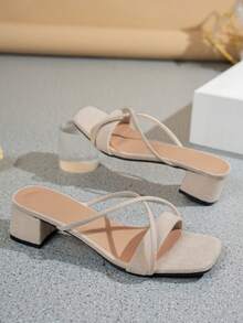 Sandalias de tacón alto negro para mujer, elegantes sandalias de verano de ante sintético con puntera abierta y tacón grueso con correa para el tobillo - Beis - Ver 4