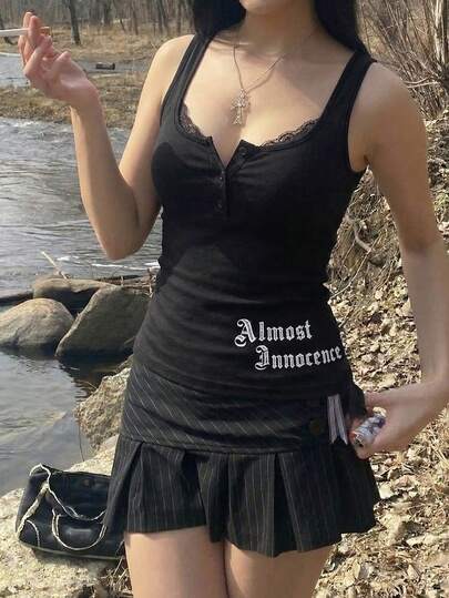 Women's Sexy Black Lace Trim Henley Tank Top - Gothic Letter Print "Almost Innocence" Slim Fit Sleeveless Cami, Summer Outfits For Women, Valentine's Day Outfit, White Elegant Style, Vacation Beach Outfit, Party Wedding Guest Outfit, Going Out Casual Streetwear, Spring Summer Daily Holiday Wear, Y2K Gothic Going Out Top, Carnival Outfit