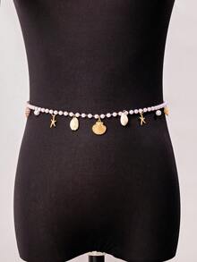 1 pieza Elegante cadena de cintura con diseño de nicho, perla, concha y estrella de mar, adecuada para el verano y la ropa de playa - Multicolor - Ver 2