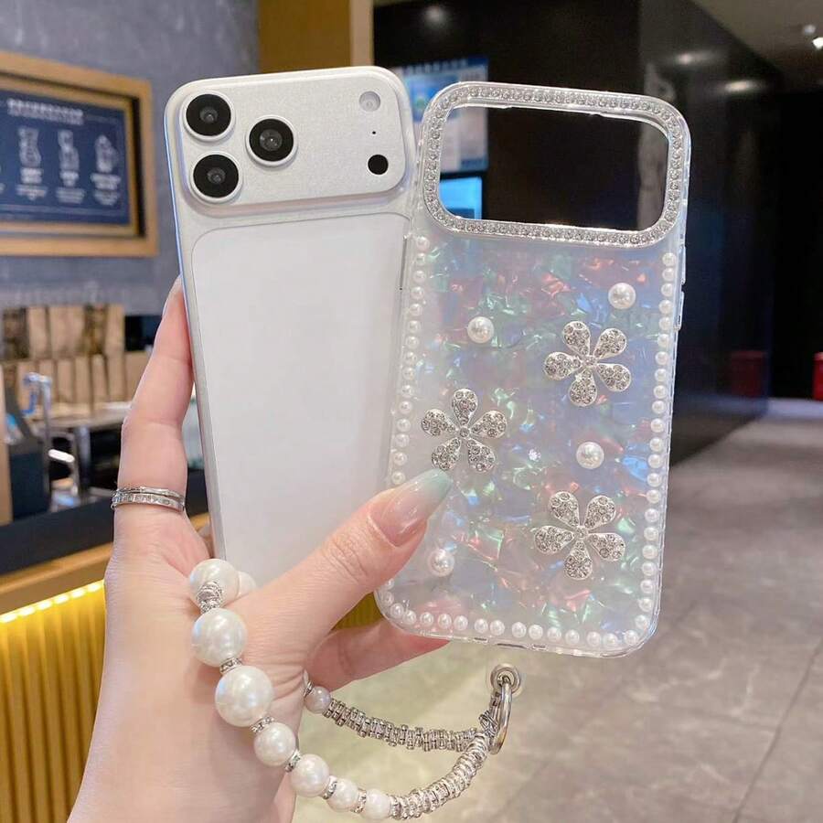 1个新款贝壳纹理3D蝴蝶珍珠挂绳手机壳，兼容 17系列、11/12/12 Pro、13/14/15、13 Pro/14 Pro/15 Pro、12 Pro Max/13 Pro Max/14 Pro Max/15 Pro Max、16、16 Pro、16 Pro Max、17、17 Pro、17 Pro Max，TPU材质，防震保护 - 彩色 - 查看 1