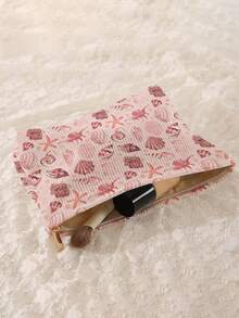 1pc Portable Cosmetic Bag, Pink Ocean Element Conch & Starfish Pattern Double-Sided Print, Zipper Travel Makeup Pouch, Multifunctional Toiletry Storage Bag - Multicolor - View 4