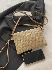 Women's Fashion Minimalist Woven Square Handbag, Shoulder Bag, Phone Pouch - Khaki - View 10