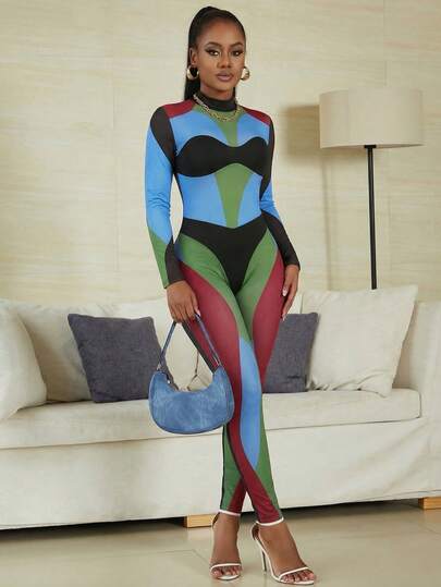 Nuevo mono elegante de mujer de manga larga, cuello alto, contraste de color y cintura alta ajustado