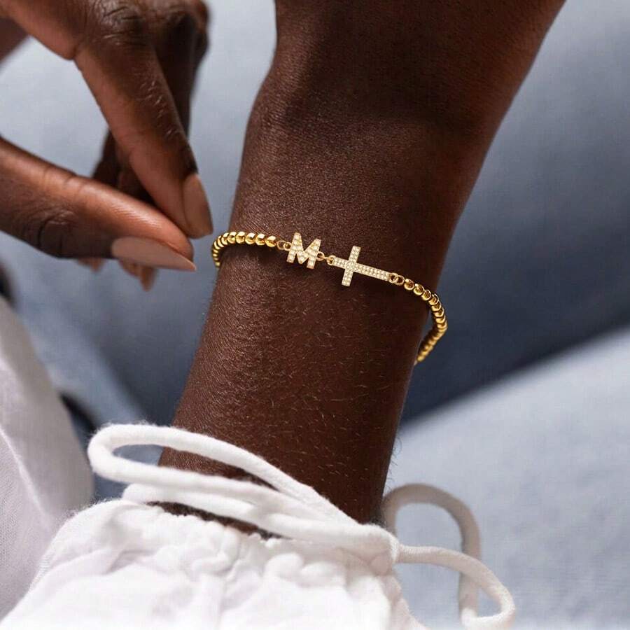 1条新款经典字母十字架金色可调节珠链手链，女士款 - 金黃色 - 查看 1