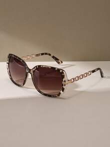 豹纹太阳镜 女士复古方形大框金属镂空链条镜腿 时尚眼镜 经典户外旅行海滩度假休闲装饰夏季防紫外线驾驶太阳镜 母亲节礼物 - 彩色 - 查看 2