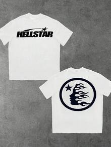 Flame Star Profile Graphic Double Sided Casual Tee Retro Streetwear 1Pcs Men's Artistic Face Emblem Printed T Shirt Gift Summer - 白色 - 查看 8