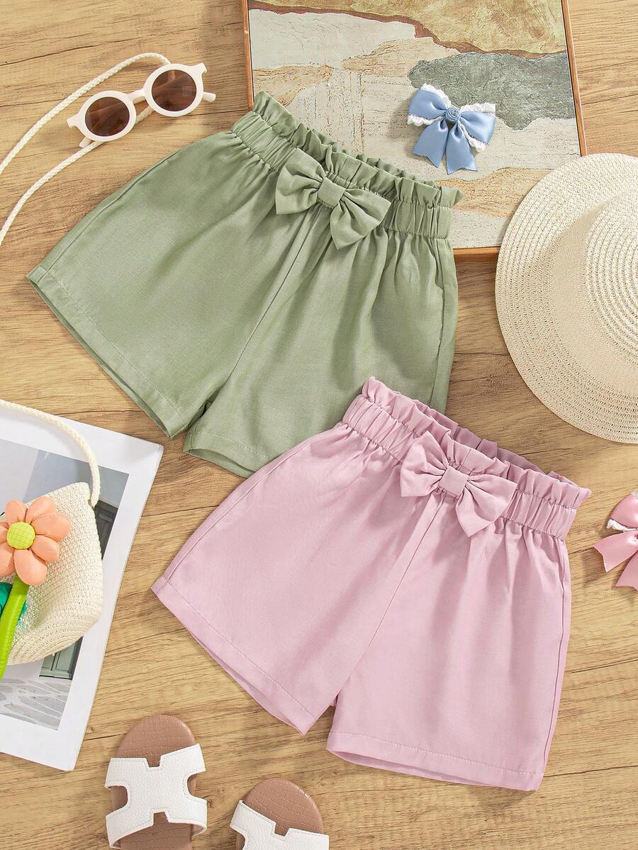 2pcs/Set Girls Casual Solid Color Bow Decor Shorts For Outdoor, Summer - Green - View 1