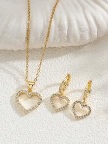2pcs Heart-Shaped Pendant Necklace And Earrings Set, Gold-Tone With Rhinestone Decor, Suitable For Women's Workplace, Daily, Business, And Date Occasions, Can Be Given As A Gift On Wedding Anniversary - Gold - View 2