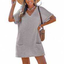 Swimsuit Coverup For Women Waffle Knit V Neck Short Sleeve Beach Coverup Dress With Pockets - 淺灰色 - 查看 10