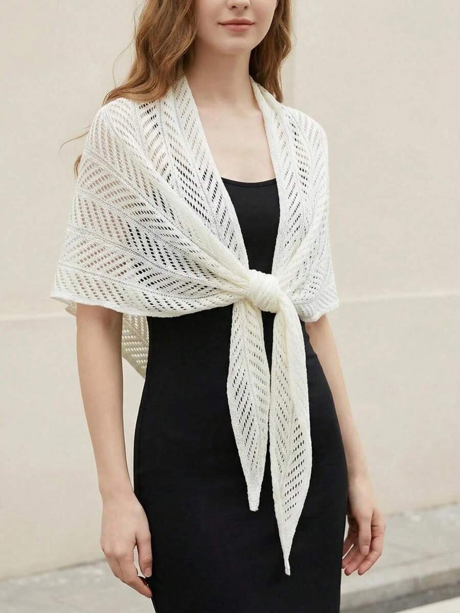 1pc Women's Solid Color Knitted Hollow Triangular Shawl Socialite Style Lightweight Scarf For Beach, Outdoor Travel, Spring - Multicolor - View 1