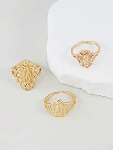 3pcs Vintage Cubic Zirconia Virgin Mary Ring Set, Suitable For Women's Daily, Party, Religious Events, Catholic Religious Gift - Yellow Gold - View 3