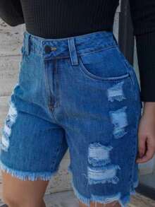 Short Jeans 36 ao 46 Jorts Meia Coxa Destroyed 100% Algodão Feminino - Azul - Visão 1