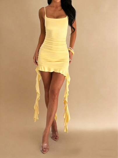 WOWDARK 夏季连衣裙，黄色时尚女士休闲度假荷叶边吊带优雅连衣裙，适合狂欢节、约会、聚会、派对、旅行、度假、海滩等场合。