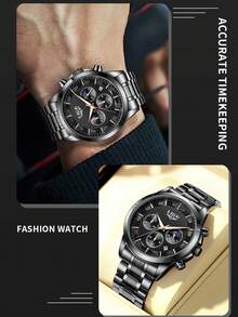 LIGE Men's High-End Watch Waterproof Luminous Quartz Watch Stainless Steel Strap Unique Dial Design Fashionable Men's Watch - Black - View 9