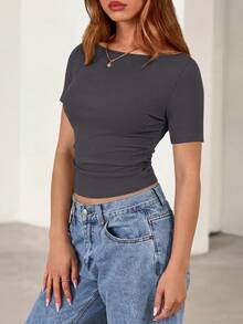 Fall New Arrival Women's Long-Sleeve Top Crop-Top Style Casual Outerwear Boat Neck With Bell Sleeves Ribbed Pleated Design Millennial-Inspired Fashion - 深灰色 - 查看 4