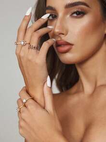 5pcs Luxury Geometric Rhinestone Rings Set Elegant Wedding Party Rings For Women - Yellow Gold - View 3