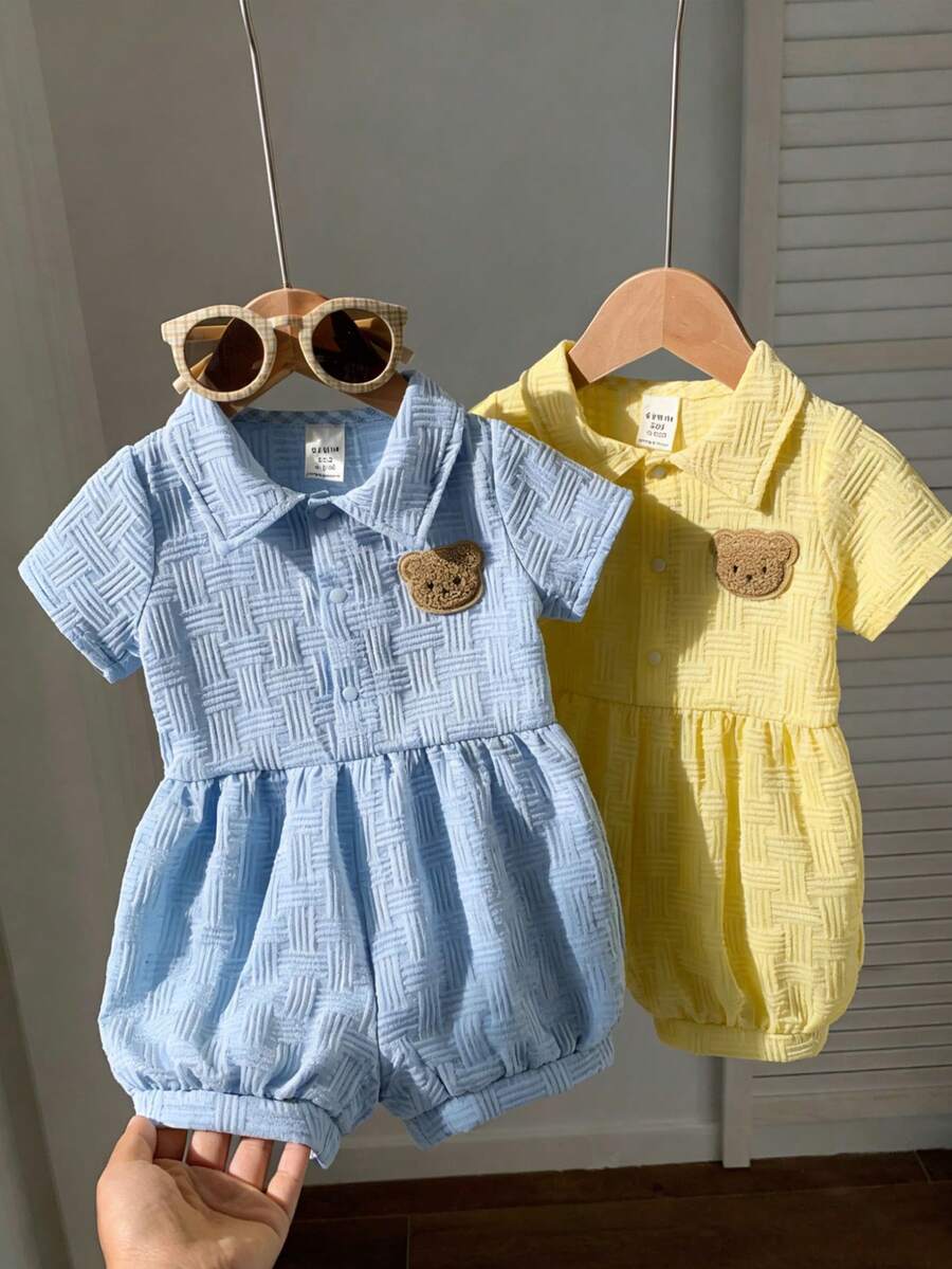 Bộ 2 món đồ mùa hè mới, chất liệu vải jacquard, họa tiết gấu dễ thương, cổ bẻ, tay ngắn, kiểu dáng thường ngày, thời trang. - Nhiều màu - Xem 1