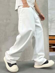 HEHCN 男士口袋宽松阔腿牛仔裤，黑色街头风休闲裤，适合送给丈夫或男友 - 白色 - 查看 3