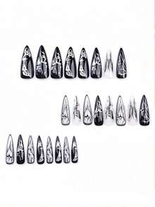 24 Pcs Long European And American Retro Silver 3D Waterdrop Pattern Black Butterfly Handmade Wearable Nails Suitable For Travel Parties Daily Outings Festivals Versatile Pointed Nails + 1 Jelly Gel + 1 Nail File - Black - View 2