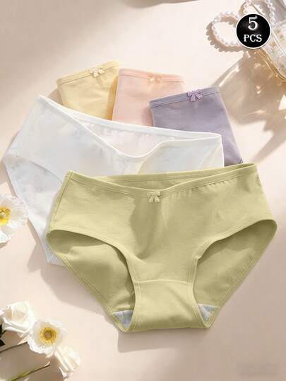 Set de 5 bragas de algodón suave para mujer con decoración de lazo, de unicolor y de talle bajo, transpirables y cómodas para uso diario