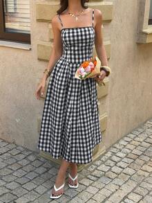 PoPoHouse Women's Cotton Gingham Print Midi Dress Sexy Backless Spaghetti Strap Square Neck Dress For Daily Casual Date Commute Summer Beach Vacation Going Out Outfit Black & White Gingham Dress - Black - View 7