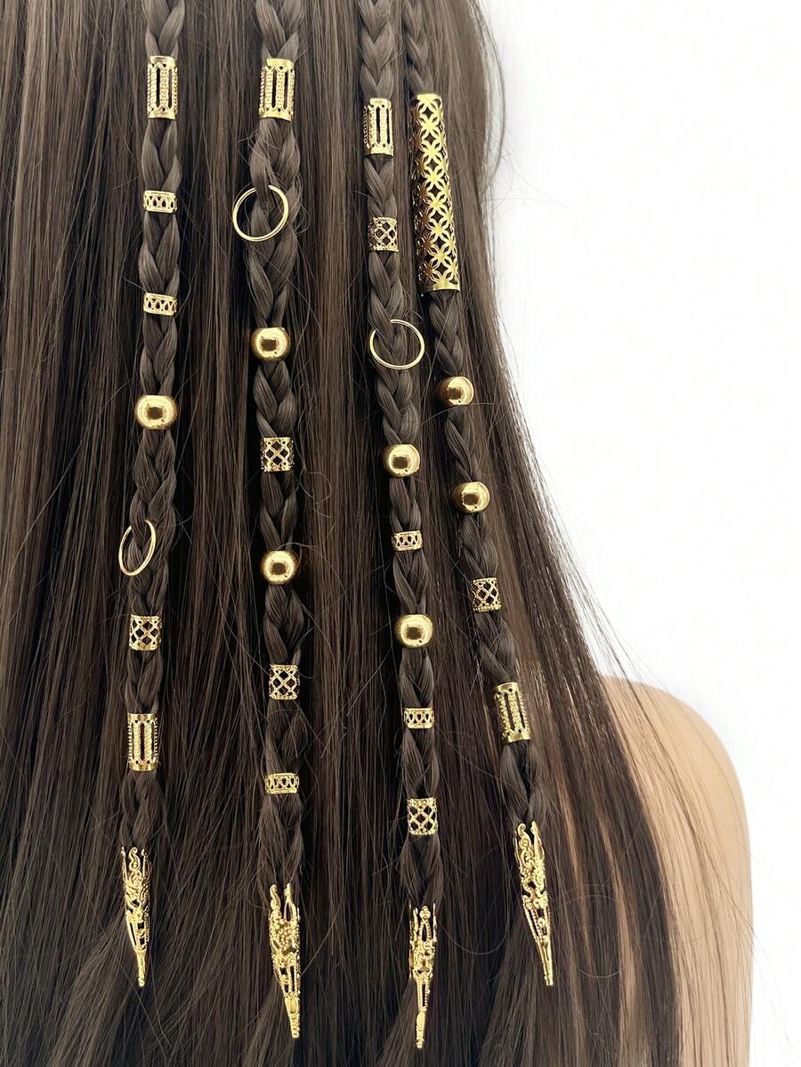 Conjunto de 102 anéis de cabelo ocos para tranças, presilhas de metal para dreadlocks, grampos de cabelo de diferentes comprimentos, acessórios para cabelo feminino e feminino, joias para tranças, presilhas de garra, ideal para o verão, férias e viagens. - Ouro - Ver 1