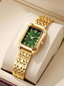Luxury Green Fashion Ladies Watch Set: Luxury Versatile Rectangular Dial Quartz Watch, Bracelet, Necklace And Earrings Combination - Suitable For Daily Wear Or As Holiday Gift. Inlaid Diamonds, Snake-Shaped High-Grade Rhinestones, Elegant Green, Available In 1pc/5pcs Set/9pcs Set - Gold - View 9