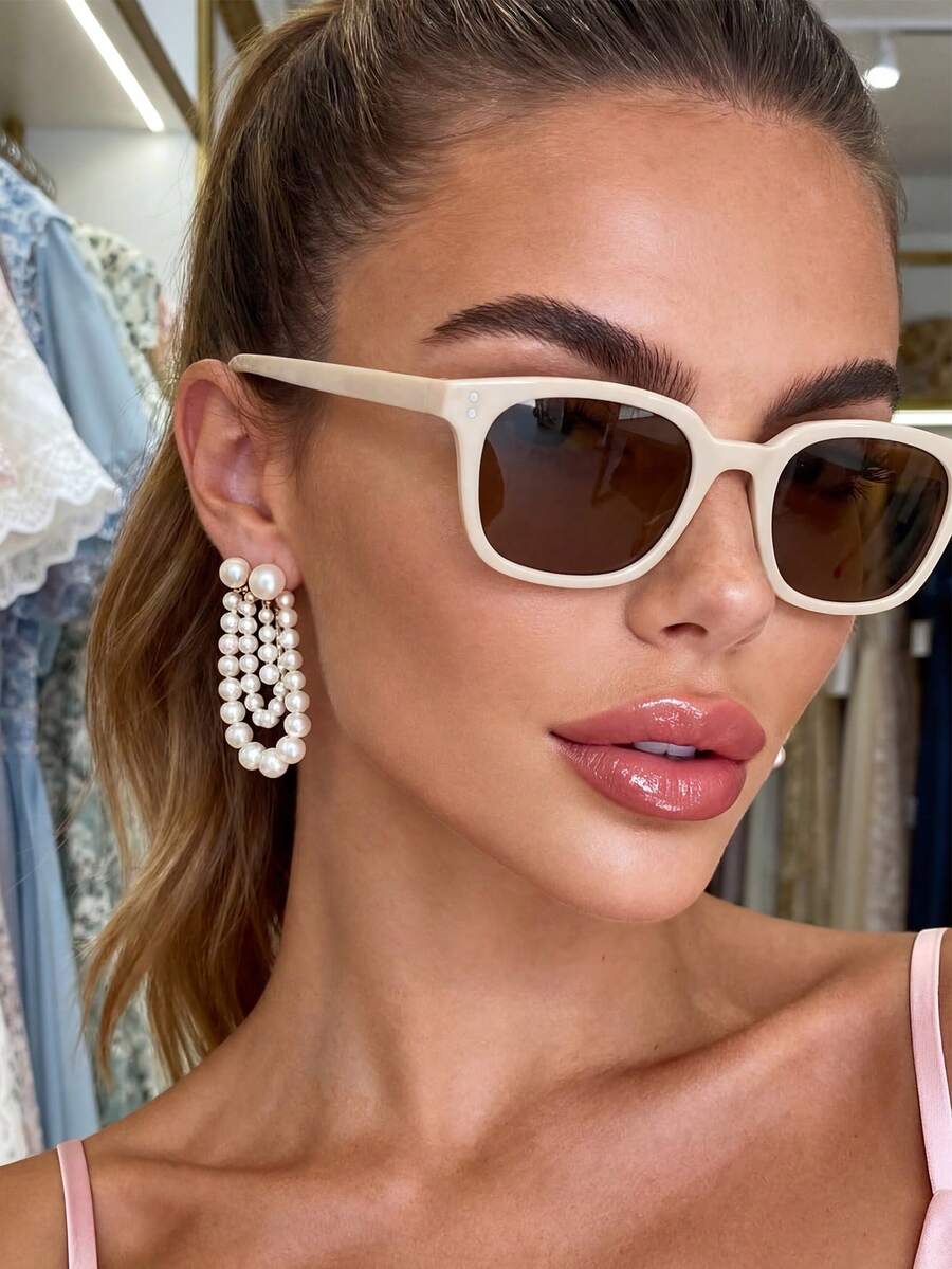 1 Pair Square Light Brown Versatile Sunglasses, Suitable For Summer Beach Vacation, Outdoor Travel. Also Suitable For Vacation, Beach, Travel, Driving, And Casual Daily Use - Beige - View 1