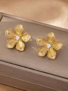 1 Pair Fashionable Minimalist Elegant Versatile Exquisite Asymmetrical Floral Stud Earrings, Suitable For Daily Wear And Holiday Gifts - Yellow Gold - View 6