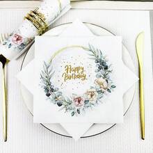 80/40/20pcs 13 * 13 Inch Eucalyptus Leaf Flower Themed Disposable Napkins, Made Of Pink/Light Orange Flowers Forming A Wreath, Paired With Golden Strokes And Hot Stamping The Words "Happy Birthday", Used For Outdoor Birthday Picnics, Family Birthday Banquets, Light Luxury Parties, Wedding Banquets, And Restaurant Decorations - View 7