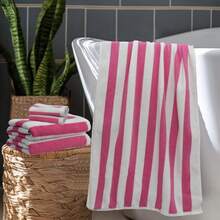 6 Piece Towel Set - Cabana Stripe - Rugby Stripe - 2 Bath Towels 2 Hand Towels 2 Washcloths - 100% Cotton - Soft Absorbent Quick Dry Durable Pool Shower Beach - Gift - Pink White - rosa blanco - Ver 4