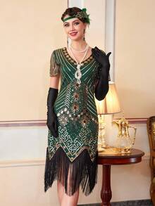 Đầm Flapper tay dài, đính sequin và tua rua, lấy cảm hứng từ phong cách F. Scott Fitzgerald những năm 1920. - Màu xanh lá cây đậm - Xem 6