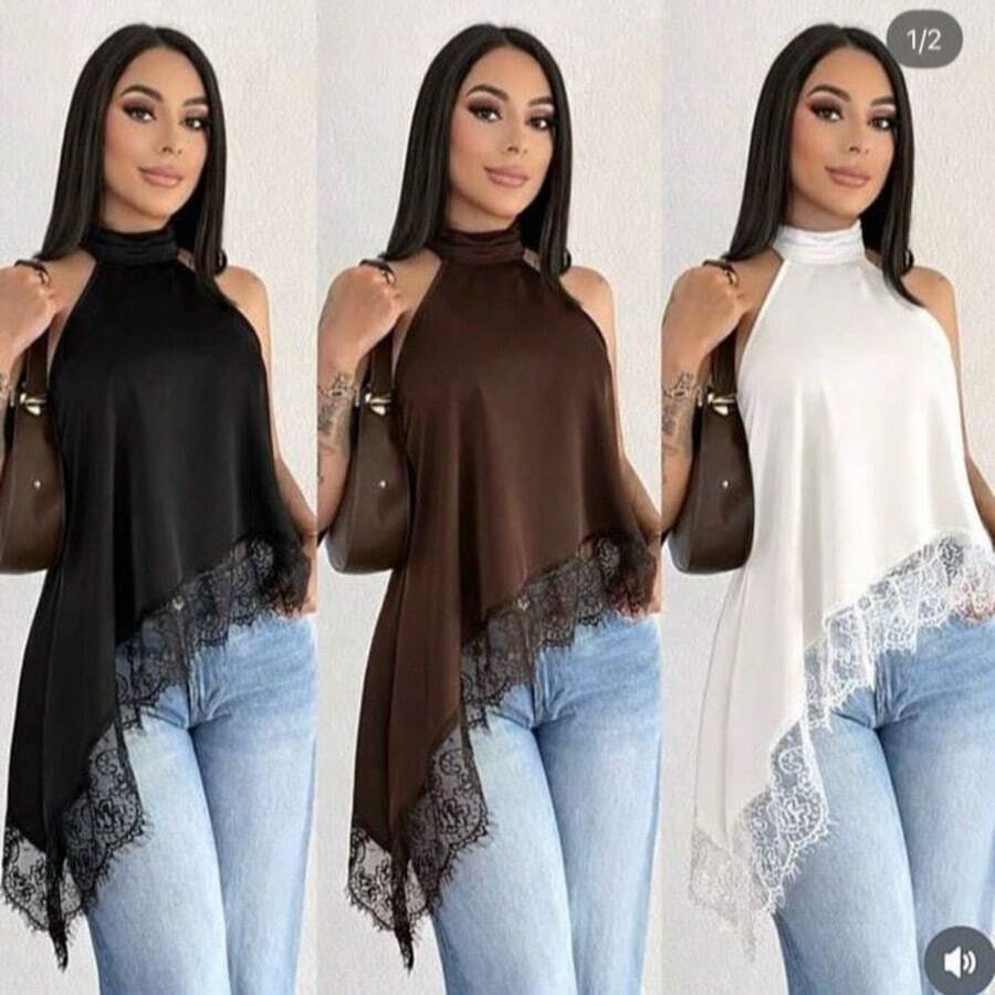 Women's AiiRZ Shirt, Cropped Top, , Elegant, High Neck, Lace, Asymmetrical, Satin - Óxido marrón - Ver 1