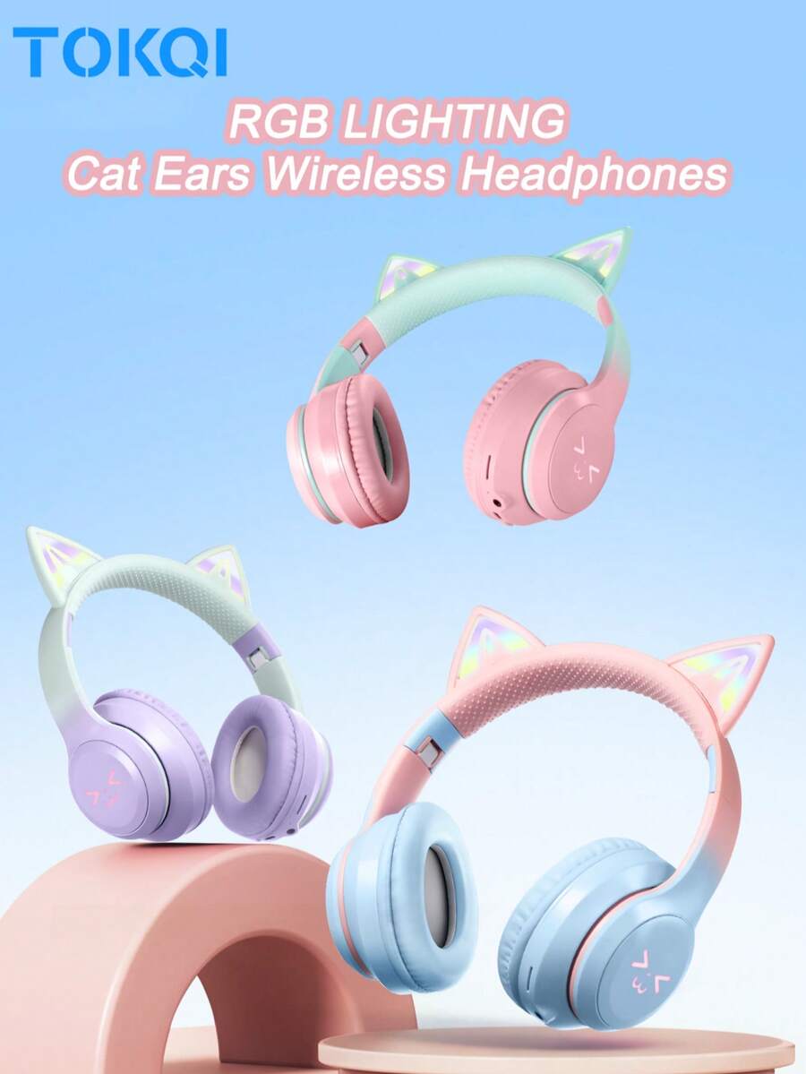 New RGB Glowing Cat Ear Wireless Headphones, Gradient Color Foldable Wireless Bluetooth Headset With Surround Sound, Cute & Fashionable Over-Ear Headphones With Micro SD Card Slot, Suitable For Gaming, Music, Live Streaming - 彩色 - 查看 1
