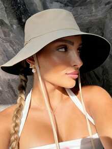 1顶女士抽绳饰边渔夫帽，可调节下巴带设计，做旧处理，面料柔软，遮阳防风，时尚百搭，适合旅行、海滩、日常休闲佩戴 - 彩色 - 查看 5