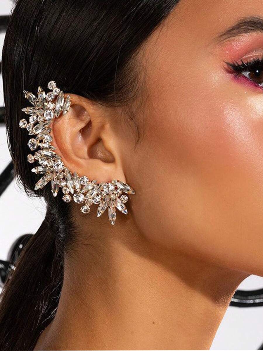 1 Pc Valentine's Day Gift: Stylish Silvery-Plated Earrings, Entirely Set With Rhinestones - High-End And Versatile, Suitable For Those Without Pierced Ears - Sparkling And Elegant Clip-On Earrings - Gold - View 1
