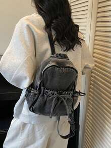 1个Y2K复古水洗牛仔布背包，迷你抽绳口袋背包，适合上学和街头穿着 - 彩色 - 查看 5