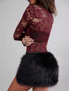 Women's Long Sleeve Bodysuit With High Neck And Transparent Lace - Sexy Fashion Lace - Burgundy - View 7