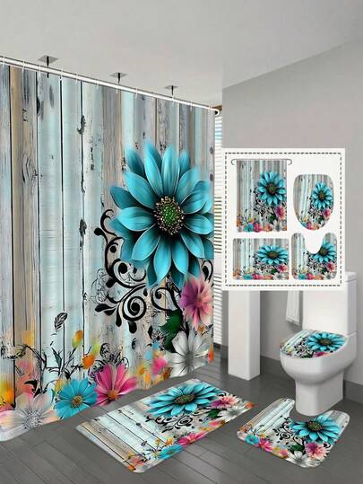 1/4 件套“乡村花卉”浴室帘套装，复古木质蓝粉色花卉浴室装饰，包括浴垫、U 型垫、马桶盖套、12 个挂钩，高品质 180x180cm 浴帘，为您的浴室带来乡村魅力。