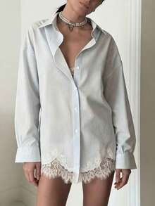 Áo sơ mi nữ tay dài kẻ sọc bằng vải chiffon với viền ren thanh lịch, dáng regular fit, thích hợp cho mùa xuân. - Rửa nhẹ - Xem 5