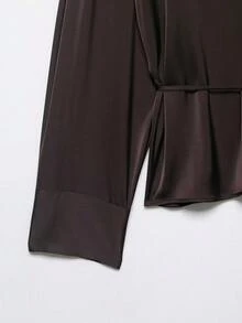 YROOE Women's Spring/Summer Commuting Waist Belt Lapel Satin Blouse - Brown - View 4